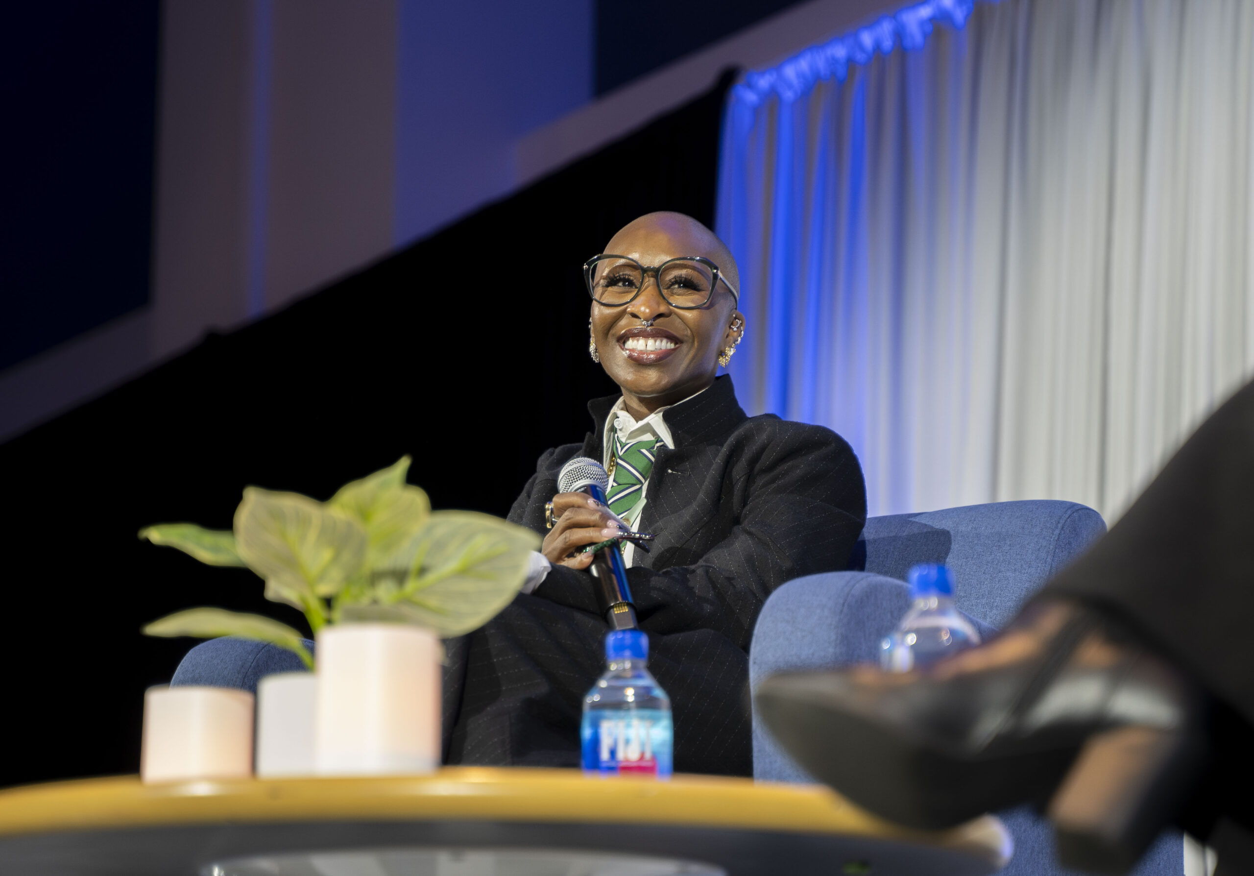 Cynthia Erivo smiles while interviewing with Kayla Lam