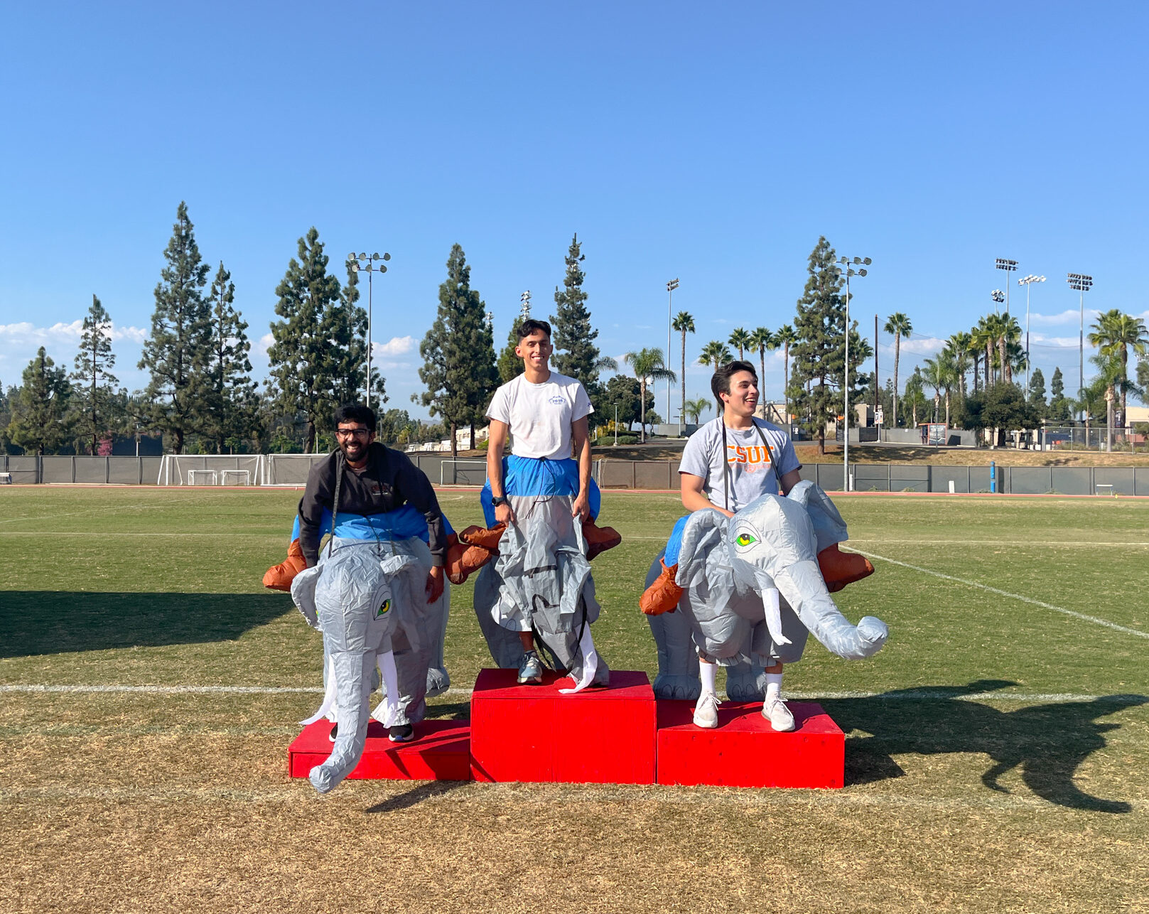 top 3 winners for the elephant race pose on a platform