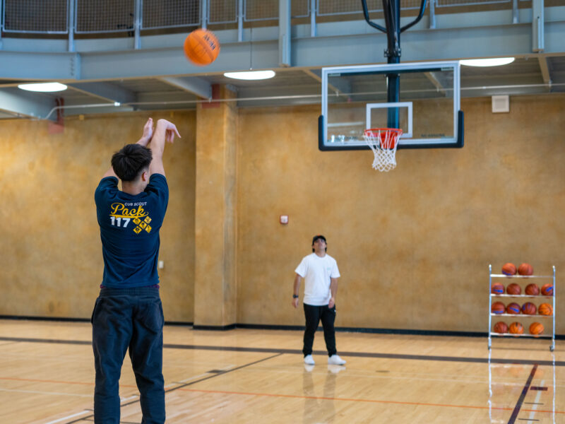 Person shooting a basketball.