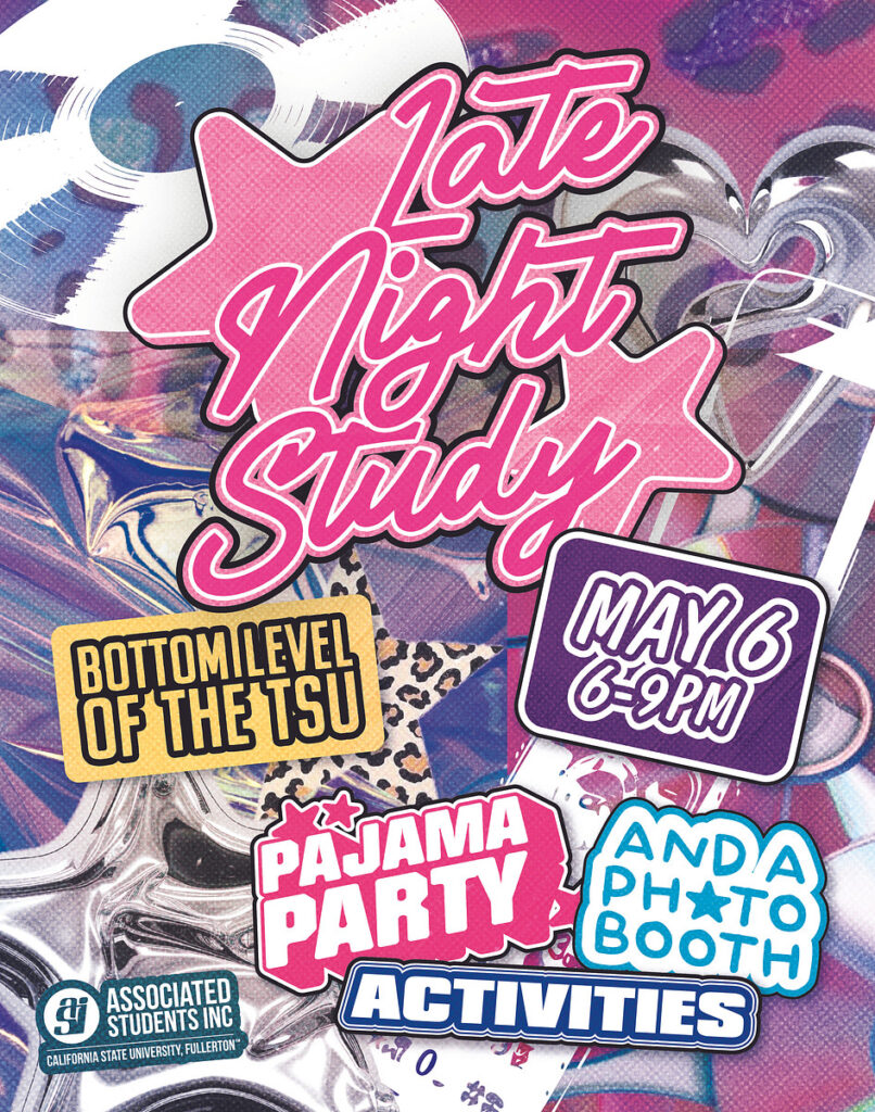 Late Night Study May 6 6 to 9PM bottom level of the TSU pajama party and a photo booth! Activities
