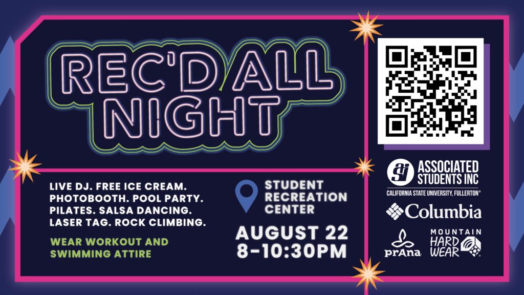 Rec'd All Night, Live DJ, free ice cream, photobooth, pool party, pilates, salsa dancing, laser tag, rock climbing, Student Recreation, Aug.22 8-10:30 PM, Wear workout and swimming attire 