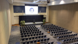 pavilion with assembly setup, chairs in a row