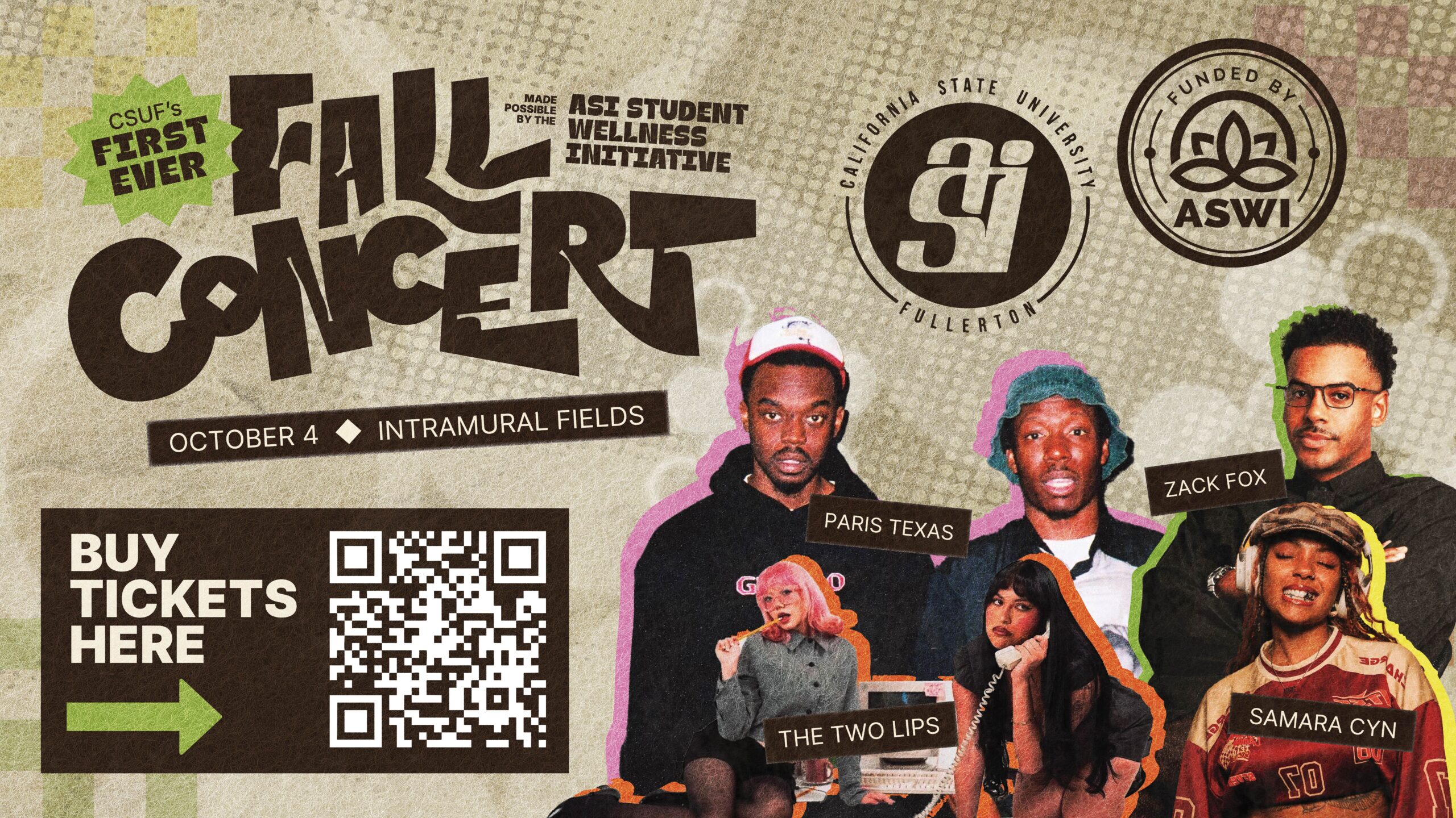 CSUF's First Ever, Fall Concert, made possible by the ASI Student Wellness Inititative, October 4, Intramural Fields, Paris Texas, Zack Fox, The Two Lips, Samara Cyn, Funded by ASWI