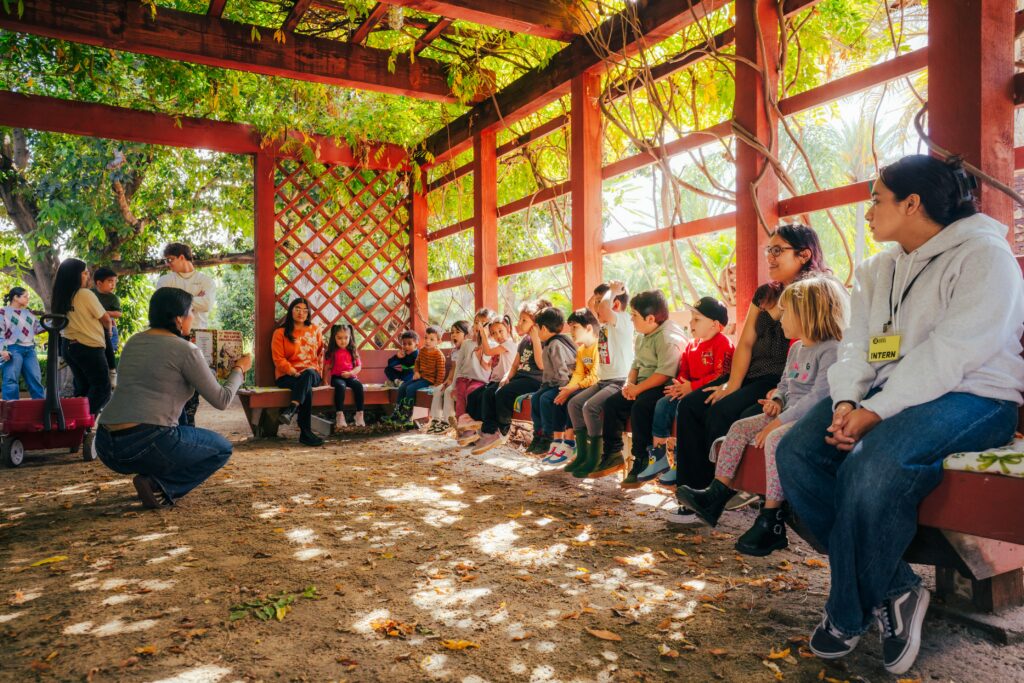 a group of students sit outside and listen to a story time