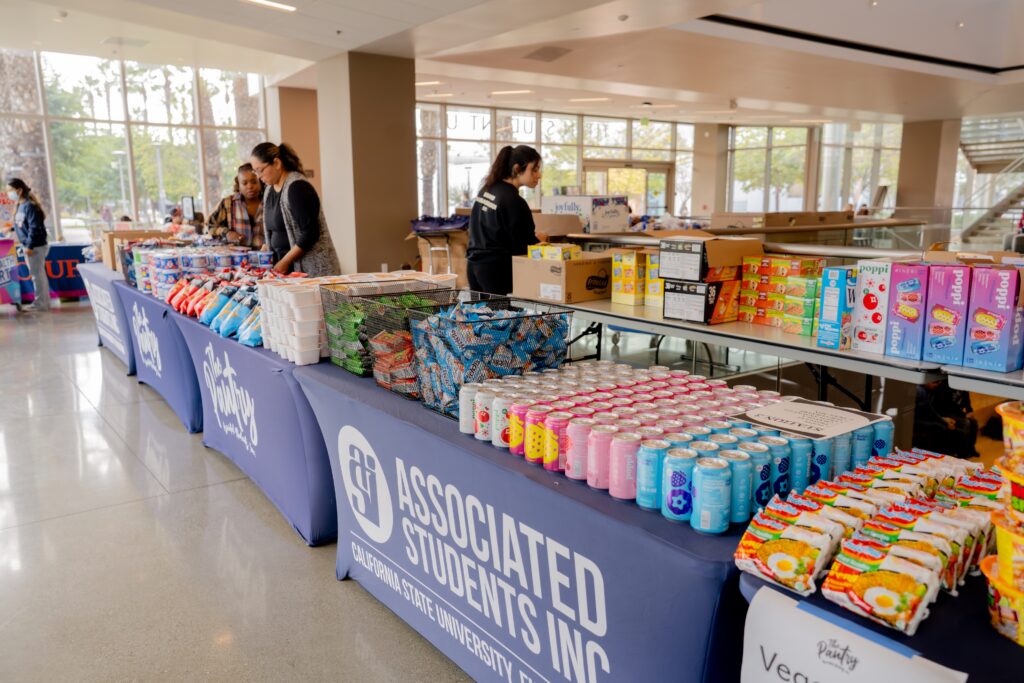 Tables of food lined with staples