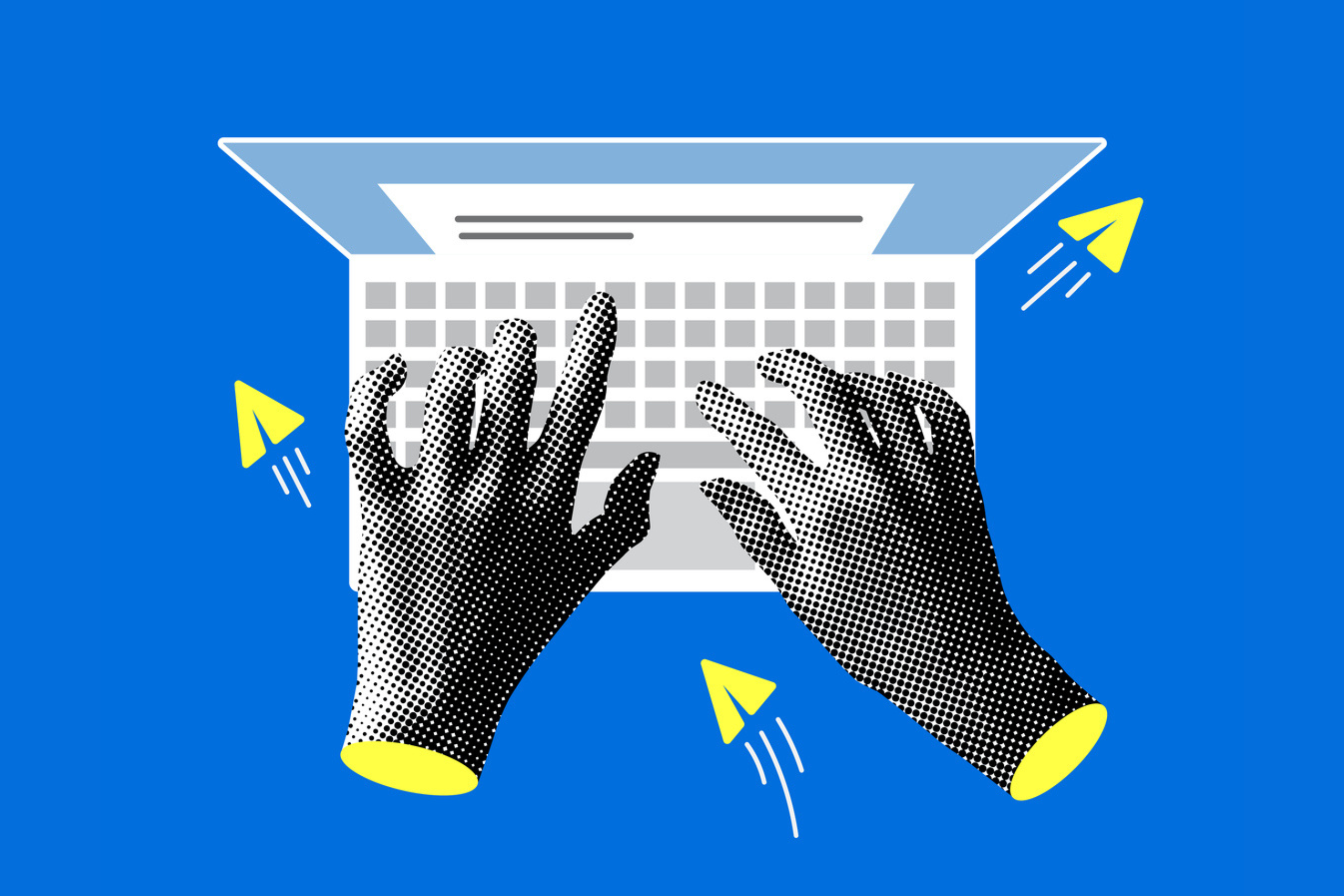 a set of hands typing on a keyboard pop art