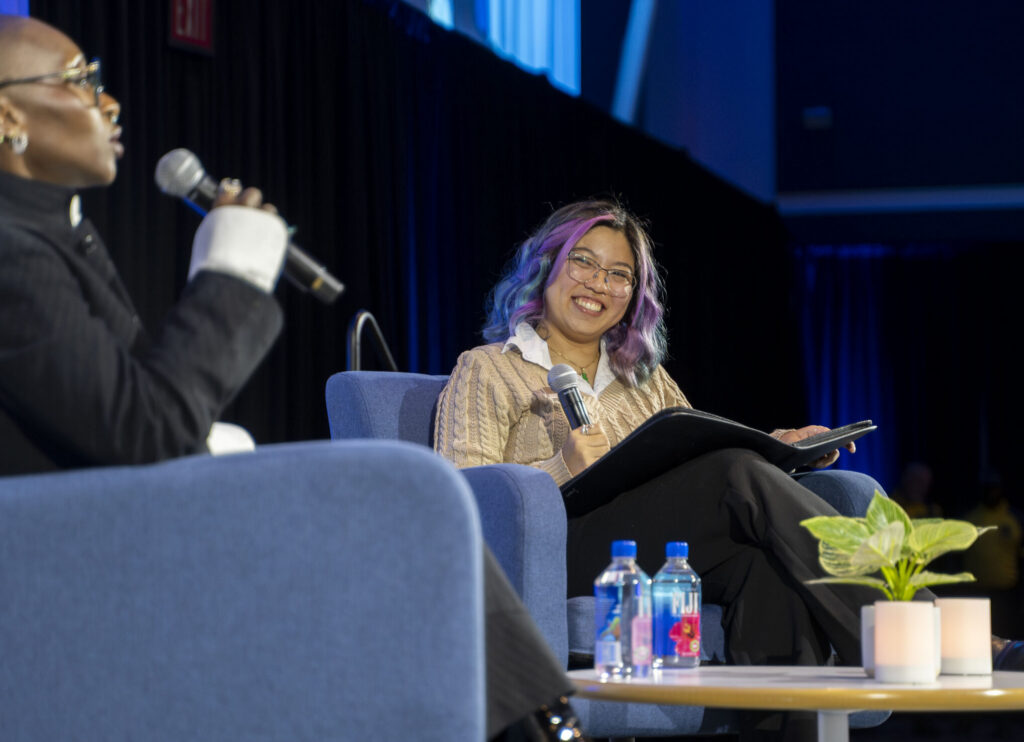A photo of Kayla interviewing Cynthia Erivo