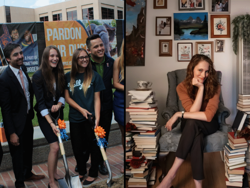 a woman in her collge years with a picture of a woman in her professional years surrounded by books
