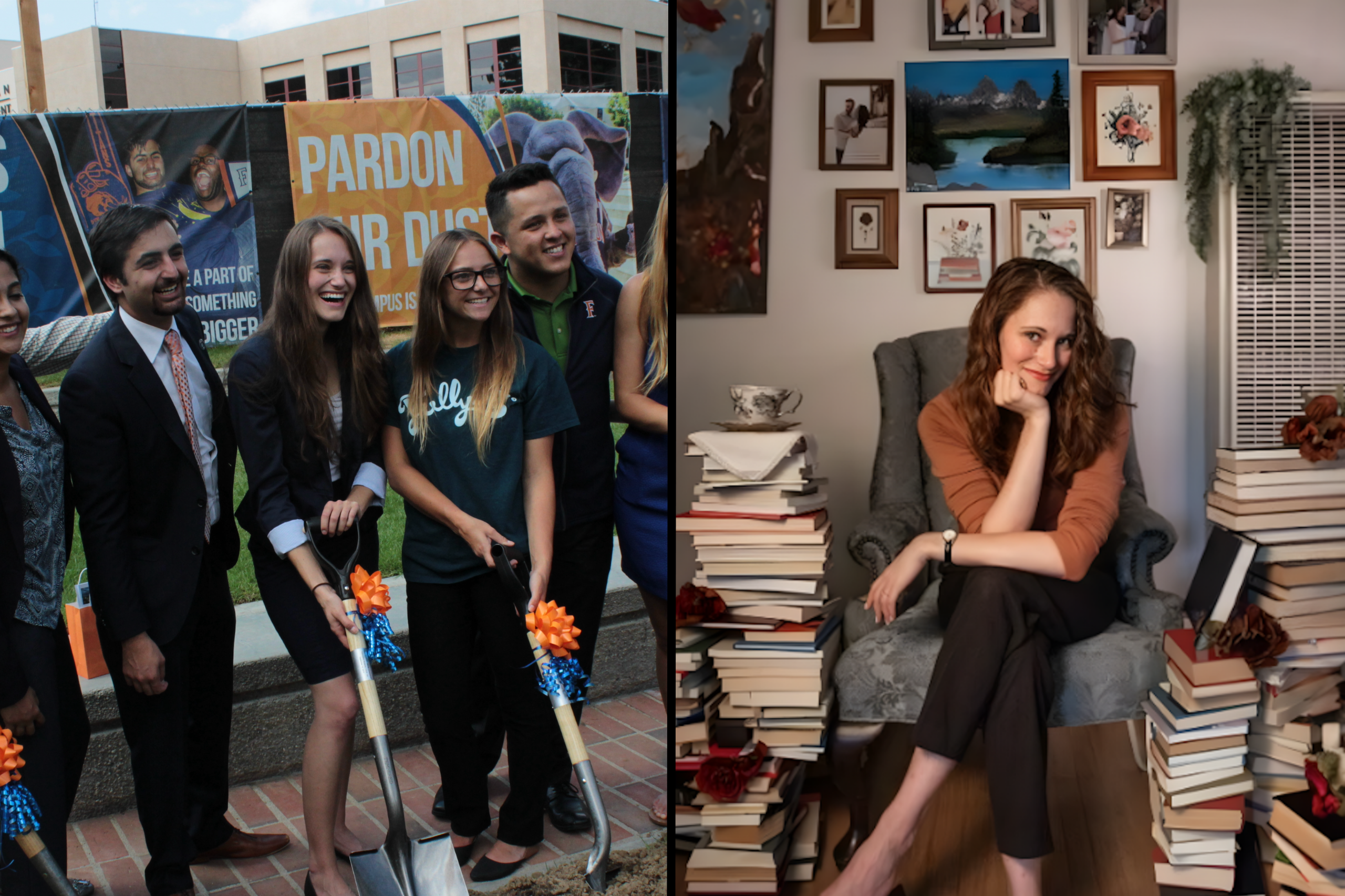 a woman in her collge years with a picture of a woman in her professional years surrounded by books