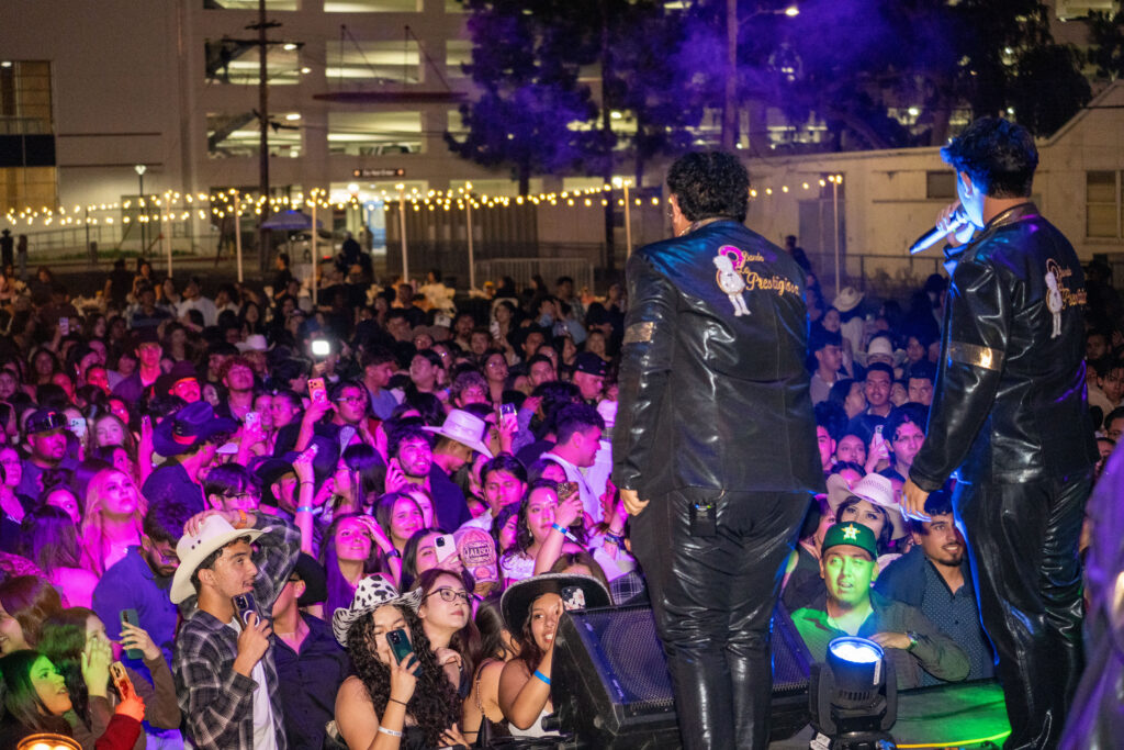 a group of musicians perform with pink strobe lights 