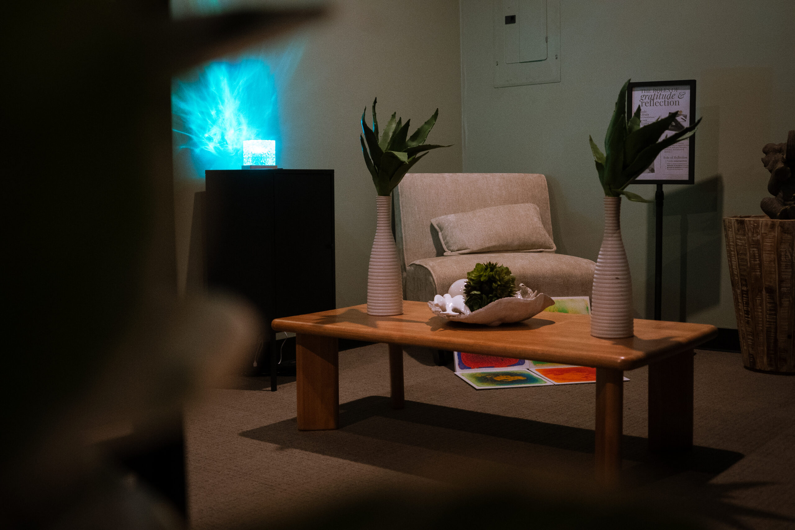 A7304939 (1) Comfort corner featuring low lighting, privacy chairs and plants